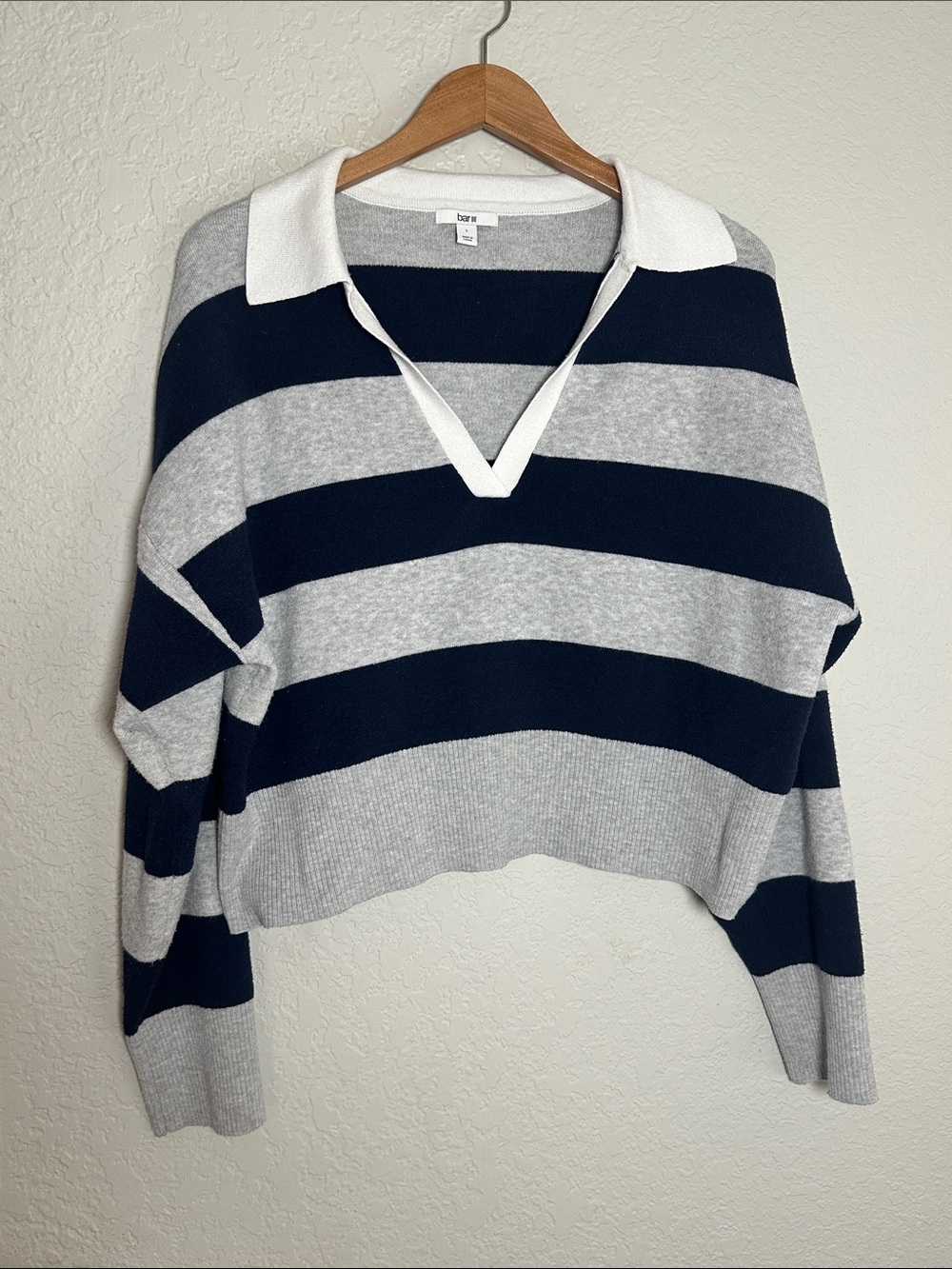 Bar III Macy’s Rugby Sweater Navy Blue Gray Striped Collared Preppy Sporty 90s